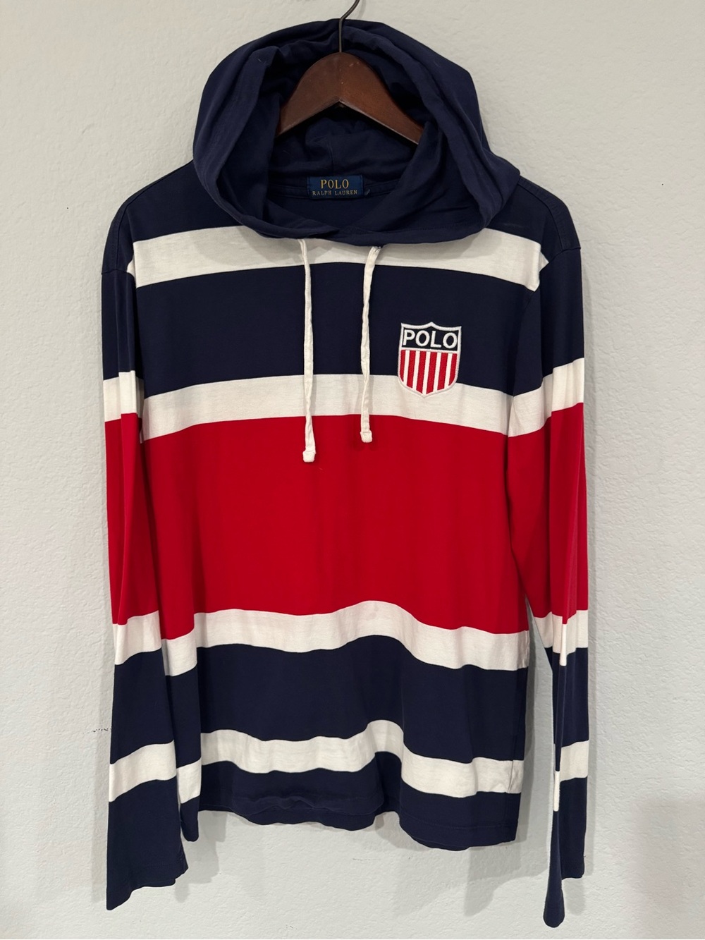 Polo Ralph Lauren Striped Hooded T Shirt Polo Sport Shield Mens Size Small